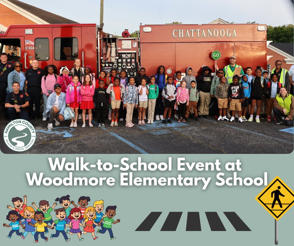 HamiltonHealth's tweet photo. Today is National Walk & Roll your Kids to School Day.  This morning, the Hamilton County Health Department joined the Woodmore Elementary students on their safe walk to school.  Walk-to-school events encourage physical activity, promoting safer routes for walking and biking, and building strong connections within our community.  In addition, these events raise awareness of pedestrian safety.  A special thanks to Woodmore Elementary faculty, Chattanooga Fire Department, Chattanooga Police Department, Children’s Hospital at Erlanger, and New Monumental Baptist Church for their role in making this a successful event. To learn more about these initiatives, please visit https://t.co/HtqwTDVUxc.
