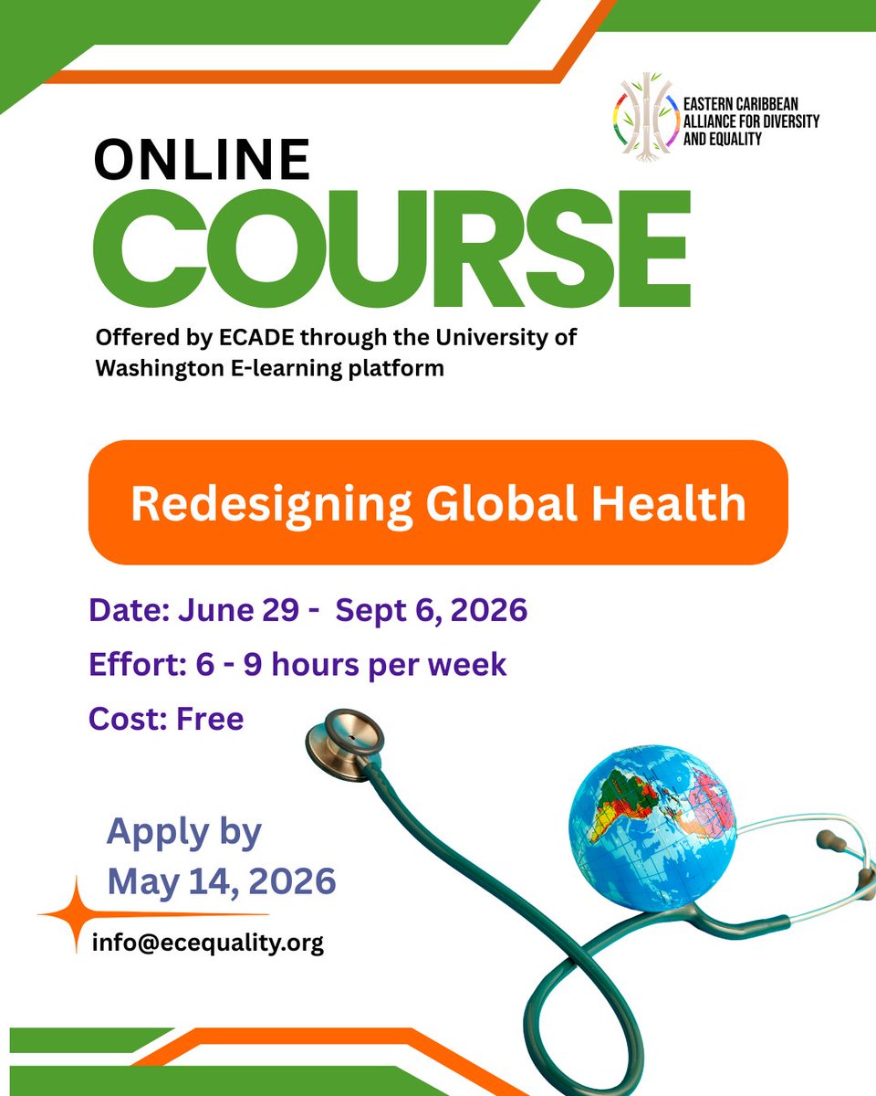 EC_Equality's tweet photo. 🎓 Free Online Courses by ECADE!
Learn Community-Based Participatory Research &amp; Redesigning Global Health through the University of Washington platform.
💻 6–9 hrs/week | 💸 Free
🗓 Apply by May 14, 2026
📧 info@ecequality.org https://t.co/l2st000u1z