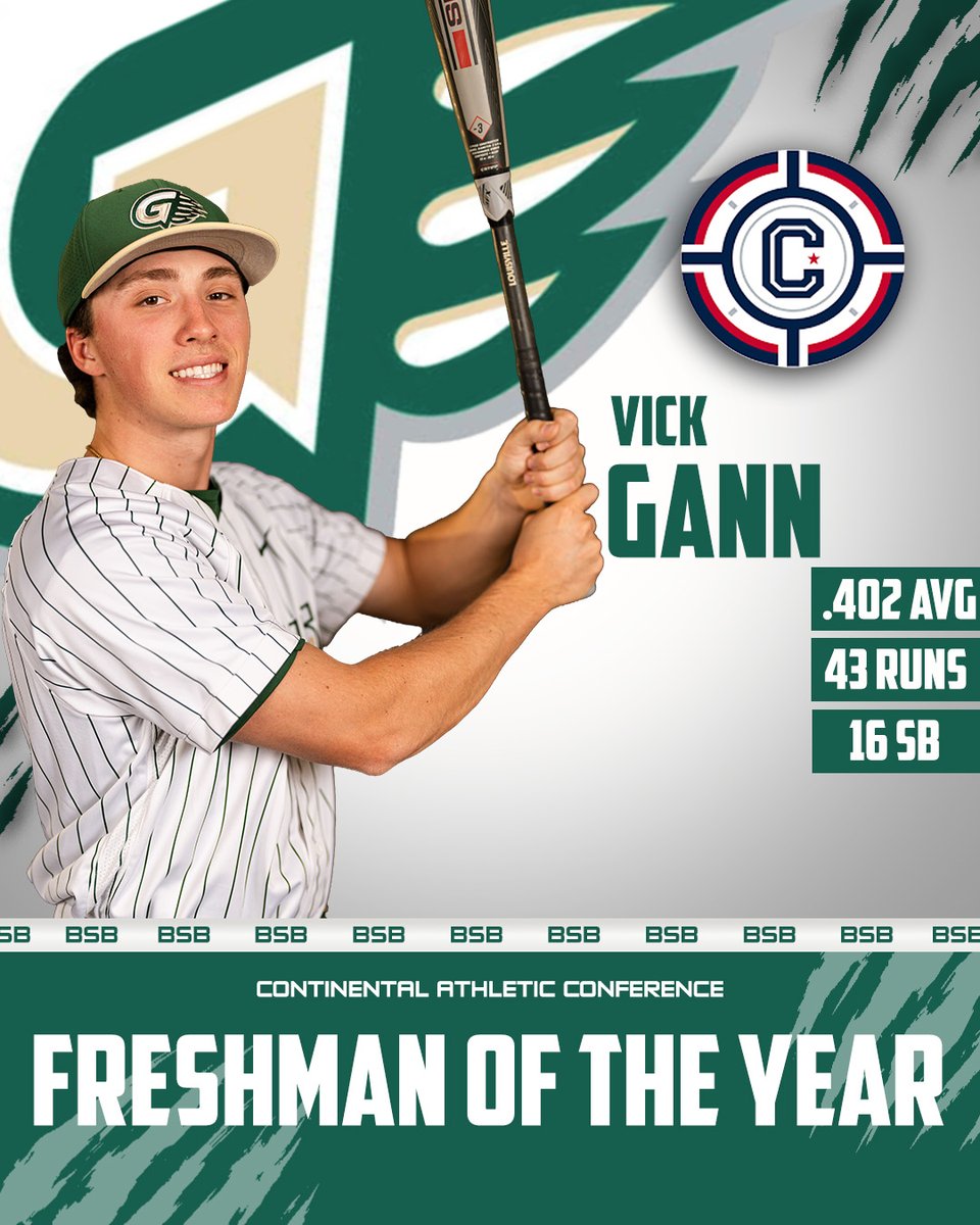 GGC_Baseball's tweet photo. Vick Gann Garners CAC Freshman of the Year award and was a member of the honorable mention team as an outfielder and Gold Glove winner in center field.

#ClawsOut https://t.co/px8c0bK6Is