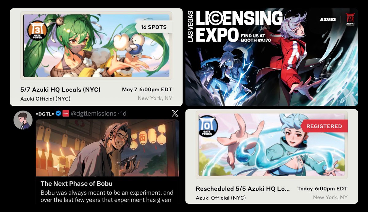 7316's tweet photo. Quick Azuki updates

- Azuki will feature at Licensing Expo LA
- Azuki TCG NYC local: Register on ATCG app
- @BobuBeanFarmer gets a clear direction
- Azuki TCG NYC: Beginner session today

Never a dull day in the Garden ⛩️ https://t.co/UI1unhAPHS