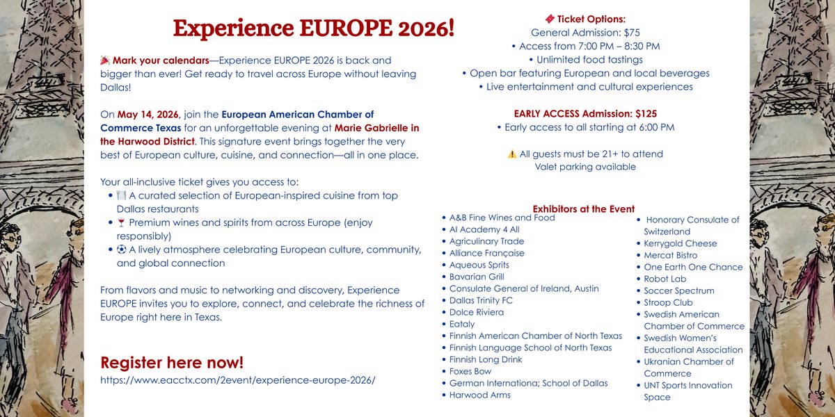 EaccTexas's tweet photo. 🎉We are so excited for Experience EUROPE™ in LESS THAN TWO WEEKS - and it would not have been possible without the dedication and support of @harwoodintl's hospitality!

Come Experience EUROPE™ on May 14th!

GET YOUR TICKETS HERE: https://t.co/yKUKzbH8PX https://t.co/olZ7Mq1z6C