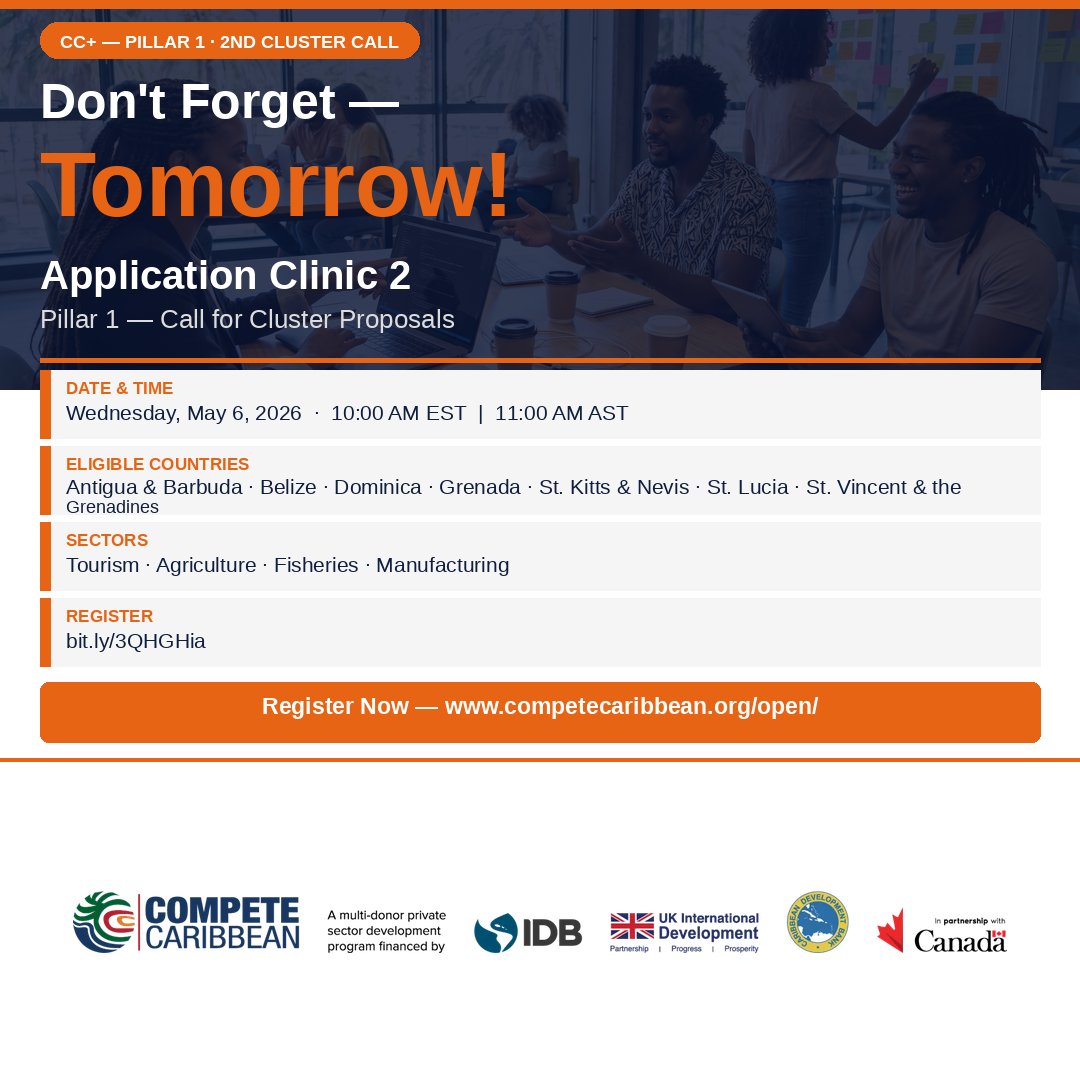 competecarib's tweet photo. Application Clinic - tomorrow, May 6 at 10AM AST.

If your cluster or value chain is located in #Belize or the #OECS (#Antigua &amp; #Barbuda, #Dominica, #Grenada, #StKitts &amp; #Nevis, #SaintLucia, or #StVincentandtheGrenadines), this session is for you.

👉  https://t.co/CWacxExQAn https://t.co/zb7qXOfqiL