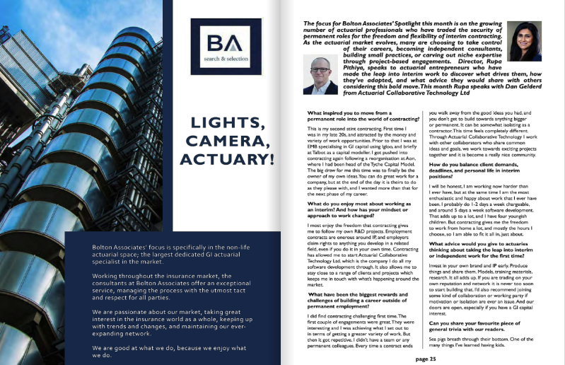 BoltonAssociate's tweet photo. Our spotlight page in the @actuarialpost
magazine is focusing on the growing number of professionals who have traded their permanent role for the freedom &amp; flexibility of interim contracting. This month Rupa Pithiya speaks to Dan Gelderd https://t.co/bat2Wesf5Z https://t.co/Wa422sAJ0s