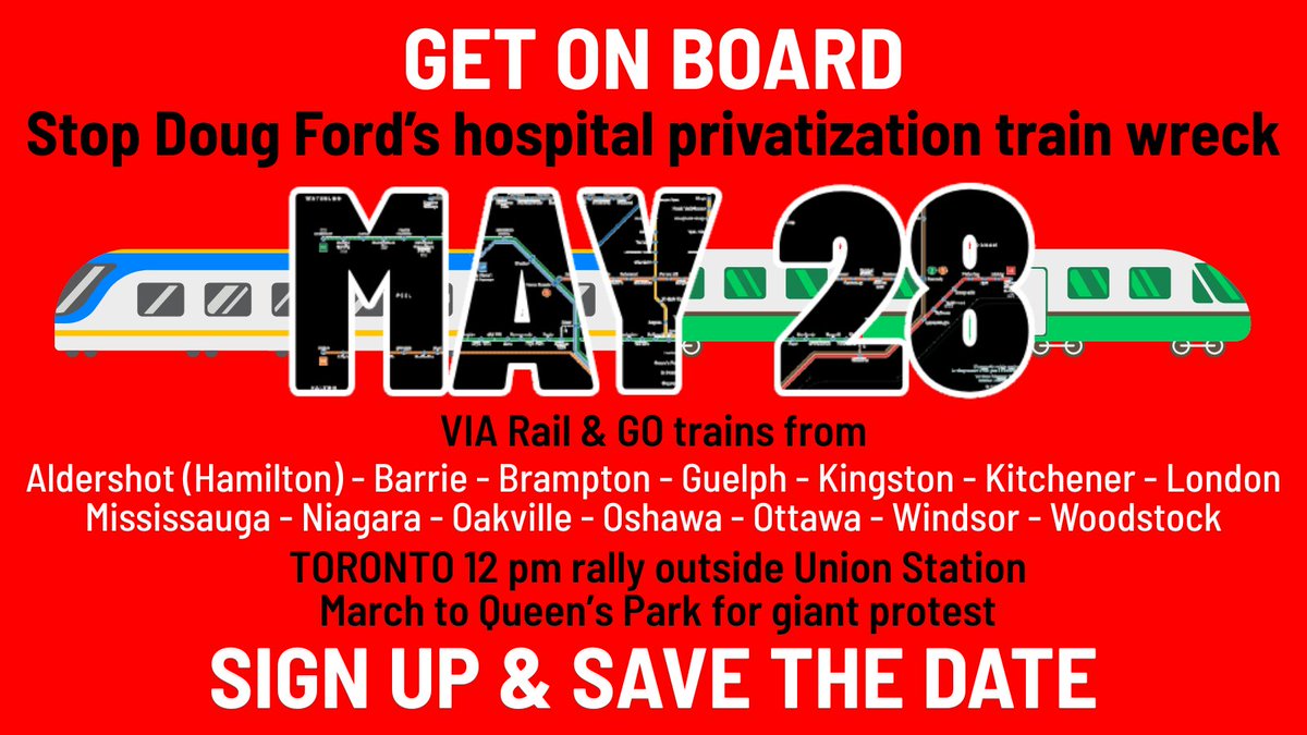 OntarioHealthC's tweet image. MAY 28: rally outside Union Station in Toronto at 12 pm noon then march to Queen's Park for a giant protest

Register for a seat by Wed, May 20: forms.gle/G5CuTp2qM3mT7i…. First come, first served!

Train schedule &amp;amp; important info 👇

#onpoli #healthcare #ontario #protest #dougford