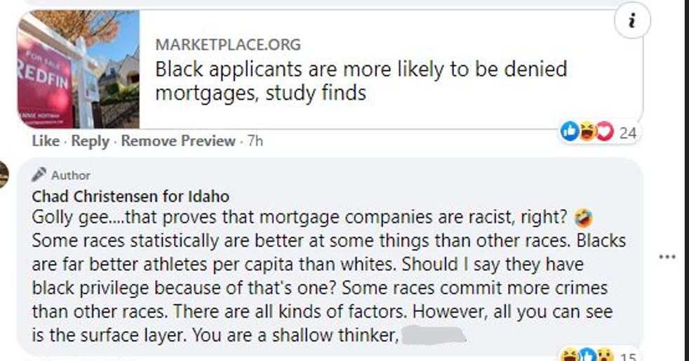 whitesheepranch's tweet photo. "Some races commit more crimes than others."
But #MadChad thinks he's not a racist.

Vote for Mike Veile if you are in Idaho D35.
#idpol #idleg #racism #ChadChristensen https://t.co/a6GGP0DPGa
