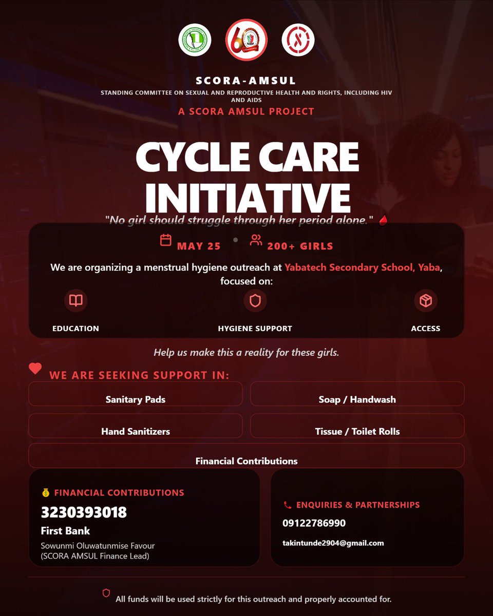 Tunmiseyy's tweet photo. This World Menstrual Hygiene Day, we’re reaching secondary school girls with education, dignity, and essential menstrual supplies.
This initiative is committed to promoting dignity, access, and awareness, ensuring that no girl is disadvantaged due to her menstrual health. https://t.co/QRs3Tnzq5b