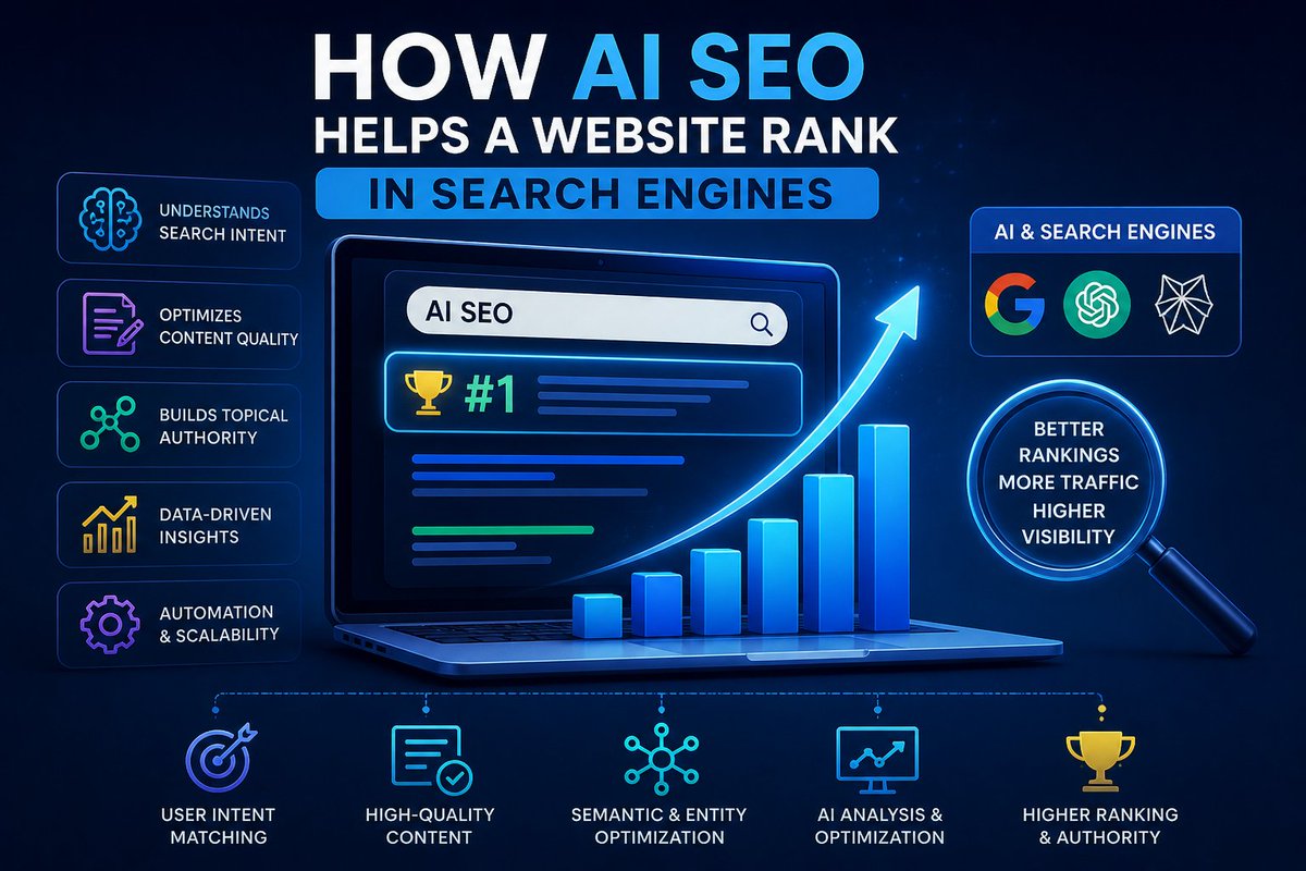 AiSEOexpert27's tweet image. How AI SEO Helps Websites Rank (2026)🚀
Search isn’t just Google — AI decides visibility. 
AI SEO = Intent + Context + Entities
🔍 Intent &amp;gt; Keywords
🧠 Smart Content
🌐 Entity SEO
🤖 AEO + GEO
⚙️ Automation
💡 Be the source AI trusts.
#AISEO #SEO #AISEOExpert #SEOStrategy