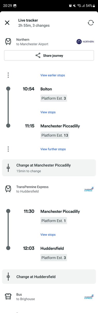 markcreid's tweet photo. Why is this a @thetrainline recommended route? 

Manchester->Hudderfield-> bus to Brighouse->Darlo (picking up a train that has come from Manchester Victoria) https://t.co/skVboJb0Hg