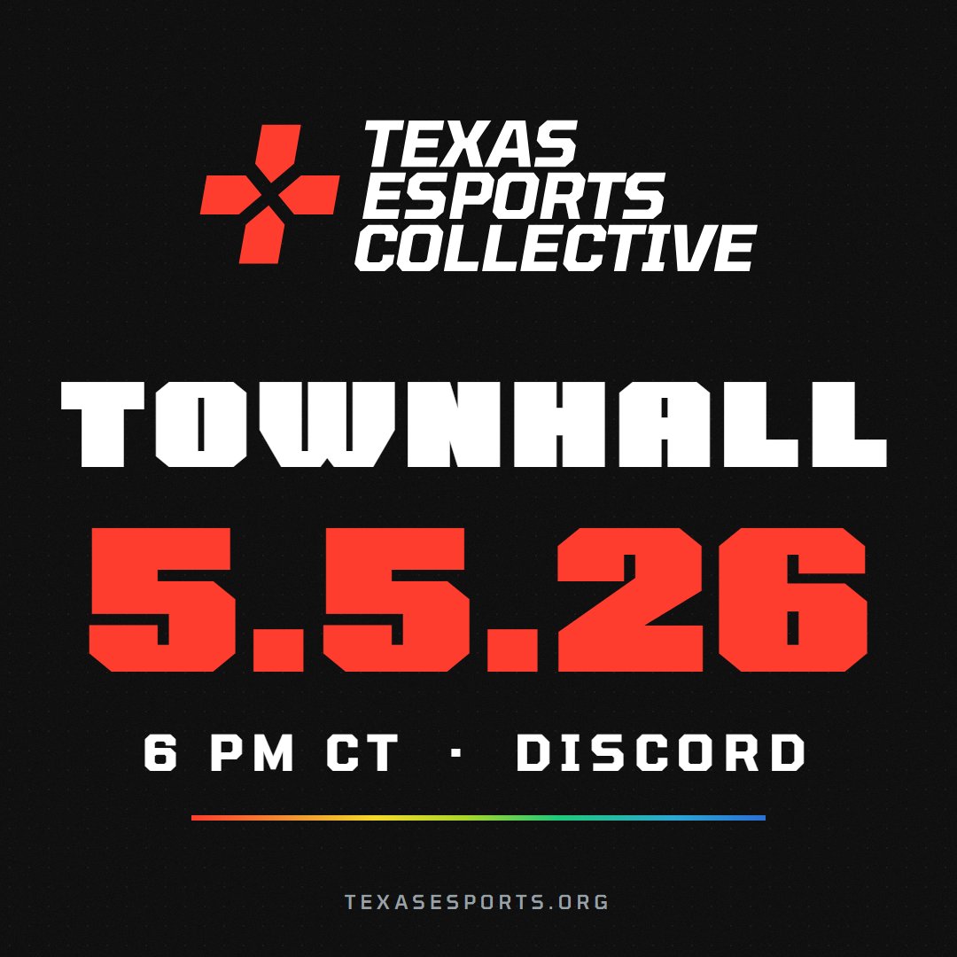TexasEsportsCo's tweet photo. Join us live.

Texas Esports Collective Town Hall.

5.5.26 · 6 PM CT · Discord

https://t.co/IKqt89nUP4
#TexasEsports #TownHall https://t.co/cRrOWAf27P