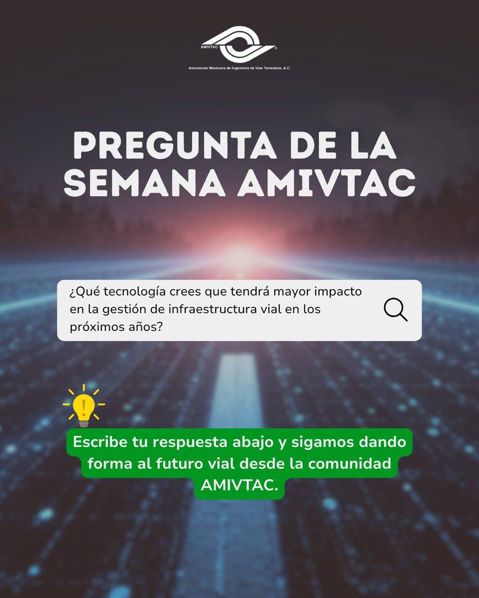 AMIVTACmx's tweet image. La Pregunta de la Semana de AMIVTAC ya está aquí. 🙌

Pensando en el futuro: ¿qué tecnología crees que tendrá mayor impacto en la gestión de la infraestructura vial en los próximos años?
Comparte tu visión. 👇

#AMIVTAC #IngenieríaVial #Infraestructura #Tecnología