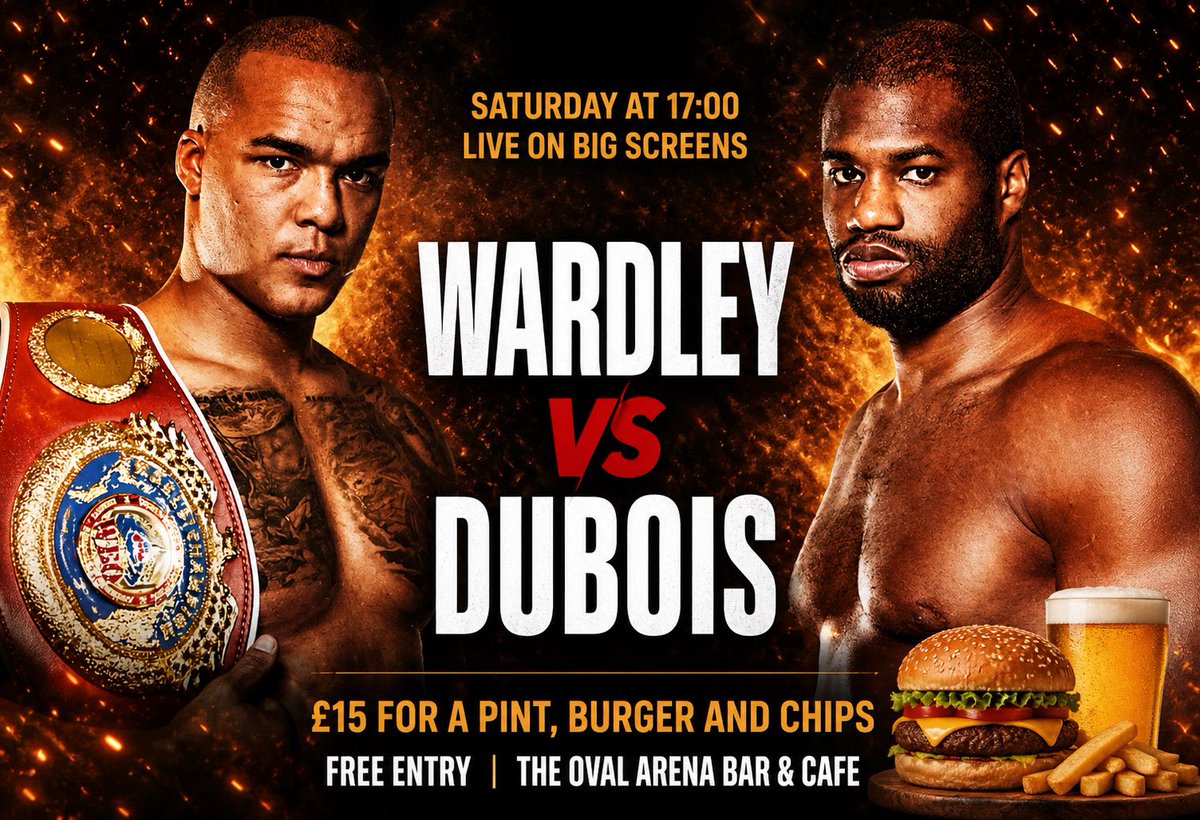 eastbourneuafc's tweet photo. 𝗕𝗢𝗫𝗜𝗡𝗚 🥊

Two heavy hitters collide as Wardley takes on Dubois in a huge showdown 🔥

Watch it LIVE on our big screens at The Oval Arena
🍔🍟🍺 £15 for a pint, burger &amp; chips
🎟 FREE ENTRY https://t.co/G89lKEw1Yy