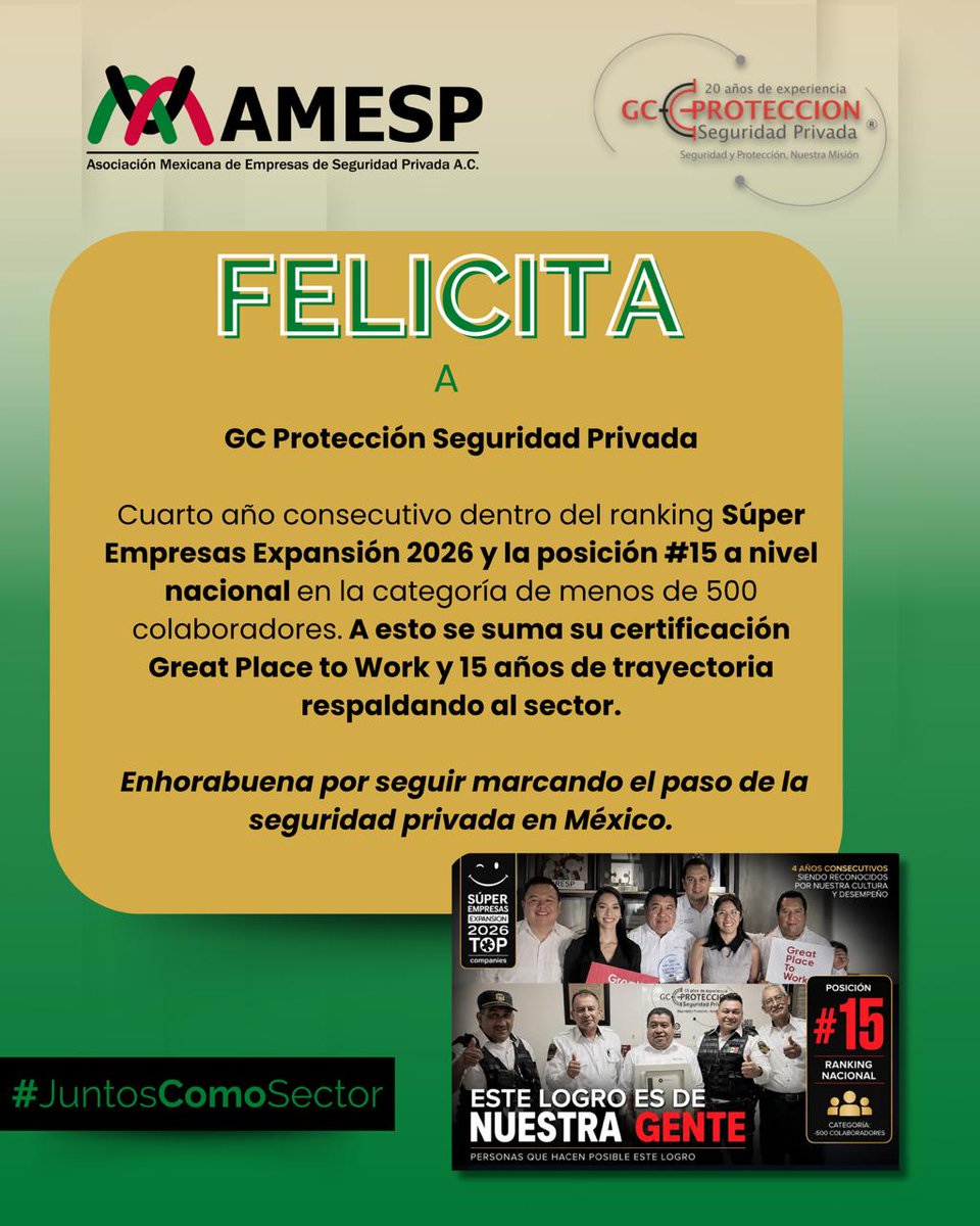 AMESP_oficial's tweet photo. 🎉🏆 ¡Felicidades por este gran logro! 🏆🎉
Desde la AMESP, extendemos una sincera felicitación a nuestro asociado, el Lic. Juan Omar Trujillo Zurita, CEO de @GCProteccion por este importante reconocimiento.
#JuntosComoSector #AMESP #OrgulloAMESP #SeguridadPrivada #Liderazgo https://t.co/72UYmNarjw