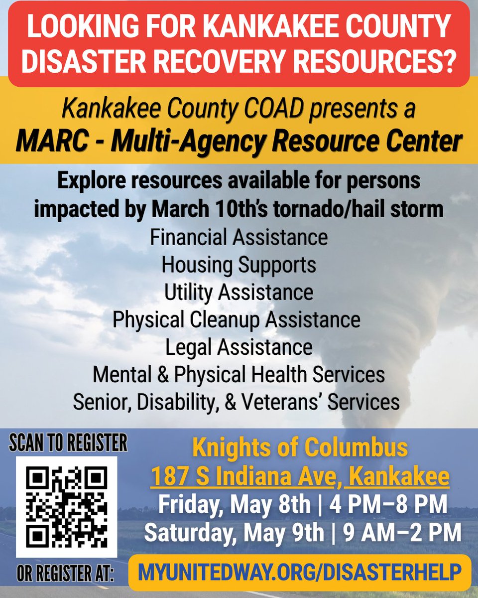 ReadyIllinois's tweet photo. Attention tornado/hail survivors in @KankakeeCounty who were impacted by the March storm: Agencies and organizations will host a multi-agency resource center (MARC) this Friday and Saturday.
#SevereWeather #Recovery https://t.co/d1URyU4qaD