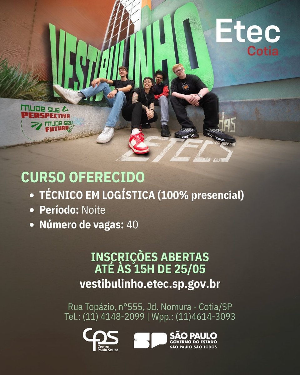 etecdecotia's tweet photo. 🎓✨ Seu futuro começa aqui!
Estão abertas as inscrições para o Vestibulinho da Etec de Cotia! 🚀

⚠️ Inscreva-se até às 15h do dia 25/05 pelo site: https://t.co/B5yRPmIeMc

Não perca essa oportunidade de transformar o seu futuro. Vem pra Etec! 💚 https://t.co/Xv3DYRlKVT