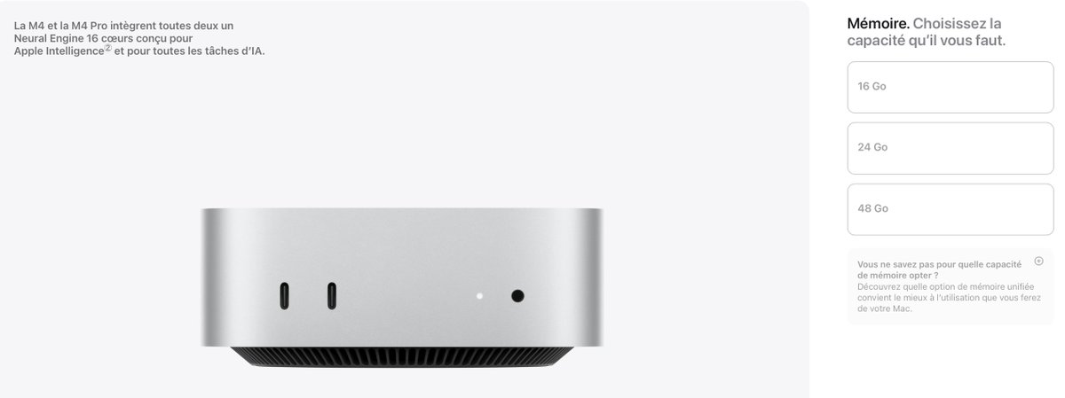 Apple_Geek_Actu's tweet photo. ✨🛑Mac mini M4 Pro perd une option !

Apple supprime la configuration 64 Go de RAM. Désormais, il est limité à maximum 48 Go.

Après la disparition du 256 Go SSD sur le M4, Apple continue de supprimer des configs (RAMpocalypse)