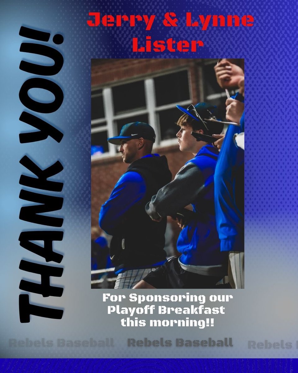 rebdugoutclub's tweet photo. Huge thank you to Jerry & Lynne Lister for sponsoring our playoff breakfast this morning! ๐ฅโพ๏ธ
Your support means so much to our players and helps fuel them as they head into playoff action. We appreciate you being part of our Rebels Baseball family!
#PlayoffReady #ThankYou https://t.co/DGsC9iqVLE