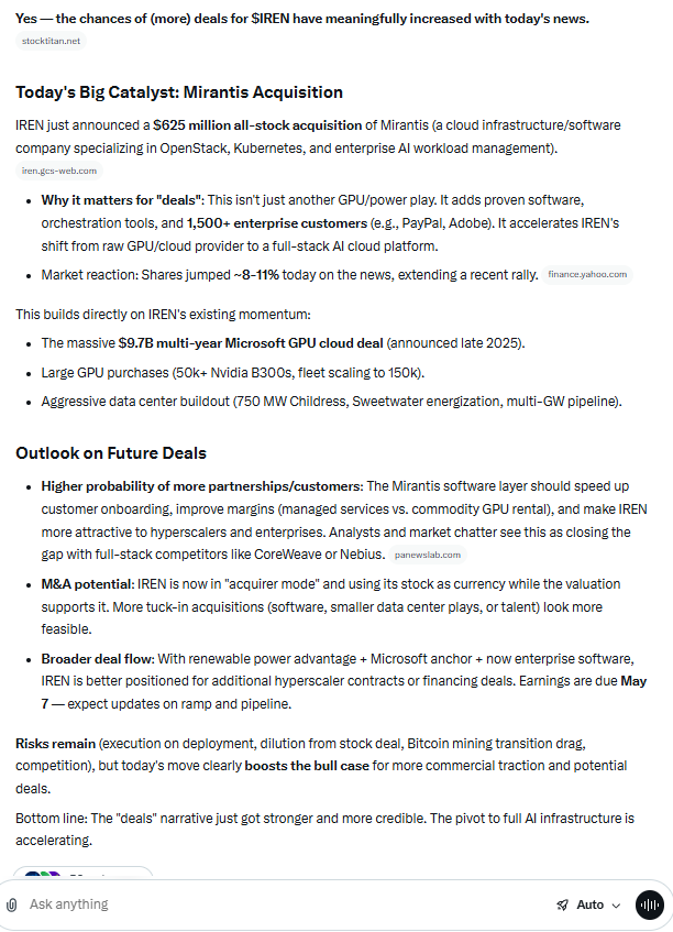 MahkaBhee671's tweet photo. $IREN 🤝 Mirantis 🚀

Grok: "closing the gap with full-stack competitors like $CRWV or $NBIS " https://t.co/IAdxLLKarL