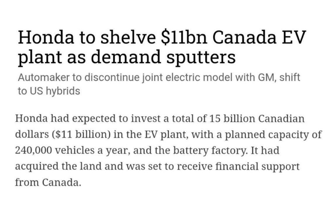 <a href="/NorthrnPrspectv/">Northern Perspective</a> 🚨 BREAKING: Honda is scrapping its $15B EV buildout in Canada 🇨🇦

The project was one of the centrepieces of Ottawa’s $52B subsidy blitz to “build” a domestic EV industry.

Now? Honda will build the EVs and hybrids it actually needs in Ohio 🇺🇸 — on one flexible production line,