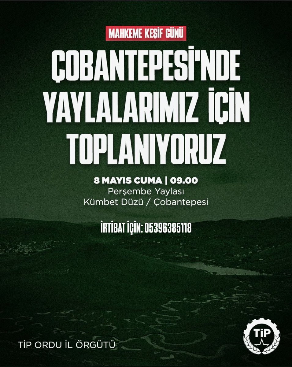 OrduTip's tweet photo. Toprağımızı, doğamızı, suyumuzu talana teslim etmeyeceğiz!

8 Mayıs Cuma
Saat 09:00
Perşembe Yaylası
İrtibat: 05396385118 https://t.co/iLd5MMioMz