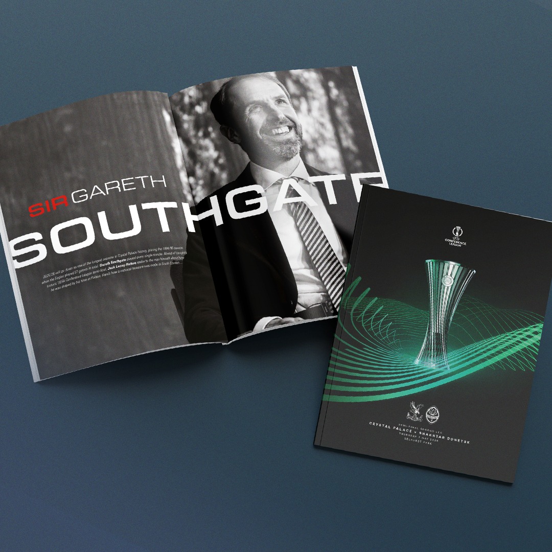 CPFC's tweet photo. “I always felt throughout this season that they’d have a great chance to go all the way.”

We spoke with Sir Gareth Southgate ahead of our UEFA Conference League semi-final 🥰

A special edition programme for a special night at Selhurst Park on Thursday.