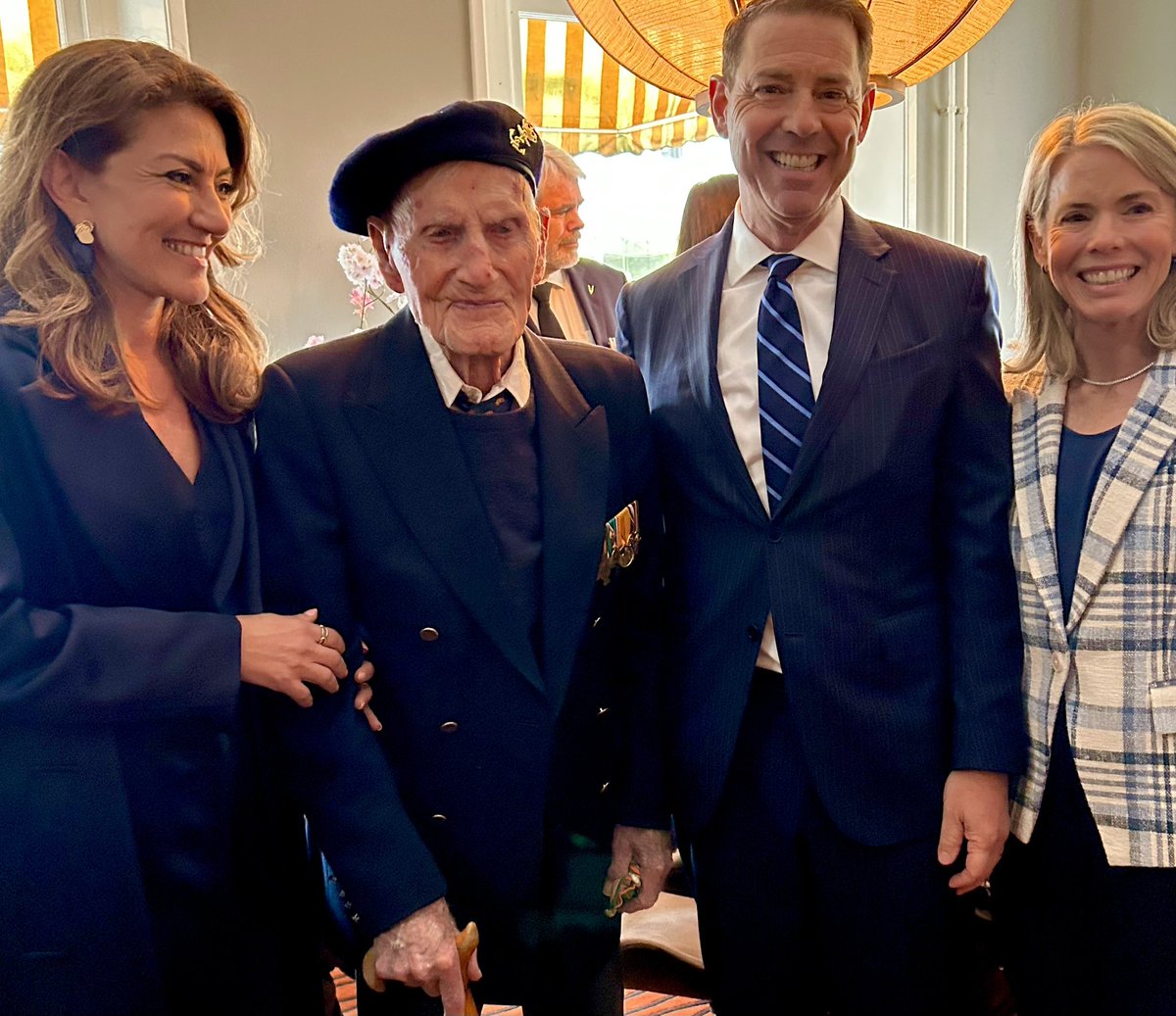 klaasm67's tweet photo. Johan Geneuglijk (104) is the last Dutch survivor of the Battle of the Java Sea (1942). Today pictured together with Dutch Minister of Defense Dilan Yeşilgöz-Zegerius and the U.S. Ambassador to the Netherlands, Joe Popolo. 🇳🇱🙏🇺🇸 https://t.co/anaYNGuAD6