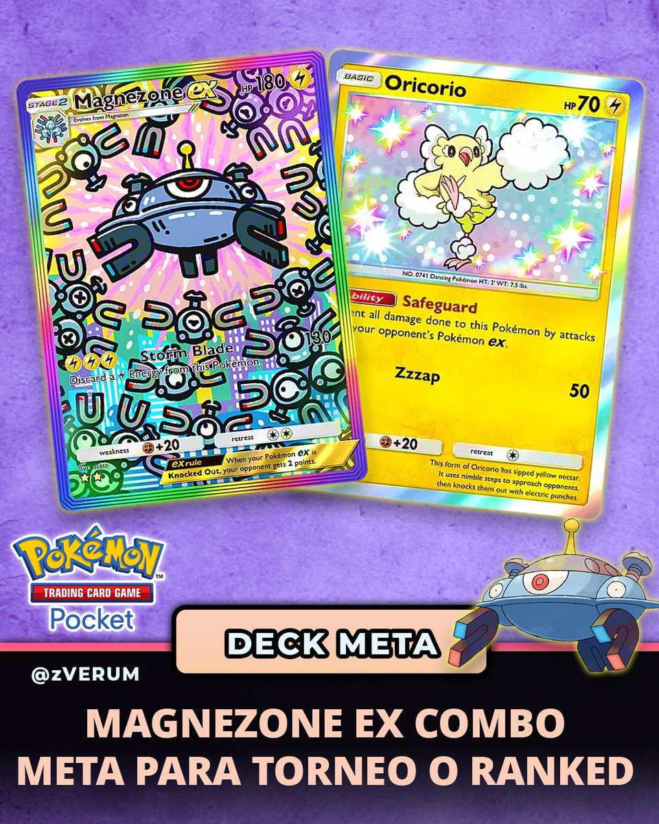 zVerum_'s tweet photo. Magnezone esta devuelta al META gracias a su versión EX. Combinado con Oricorio, este deck es sumamente letal para el META. La carta comodín puedes usar: Pokemon Center Lady, Otra Pokebola o Hiking Trails dependiendo de tu estilo de Juego. No olviden seguirnos para los mejores decks de Pokemon TCG Pocket!
#PokemonTCGPocket #ポケポケ #ポケポケデッキ紹介