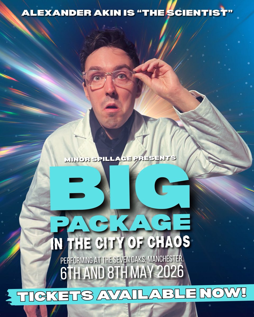 MinorSpillage's tweet photo. ALEXANDER AKIN is “THE SCIENTIST” and “THE NARRATOR” - It’s your last chance to get tickets for “Big Package in the City of Chaos”! Performing at The Seven Oaks on the 6th and 8th May! Tickets are available now via Fatsoma!

#humour #show #comedy #manchester #theatre https://t.co/zz3bz9mrvq