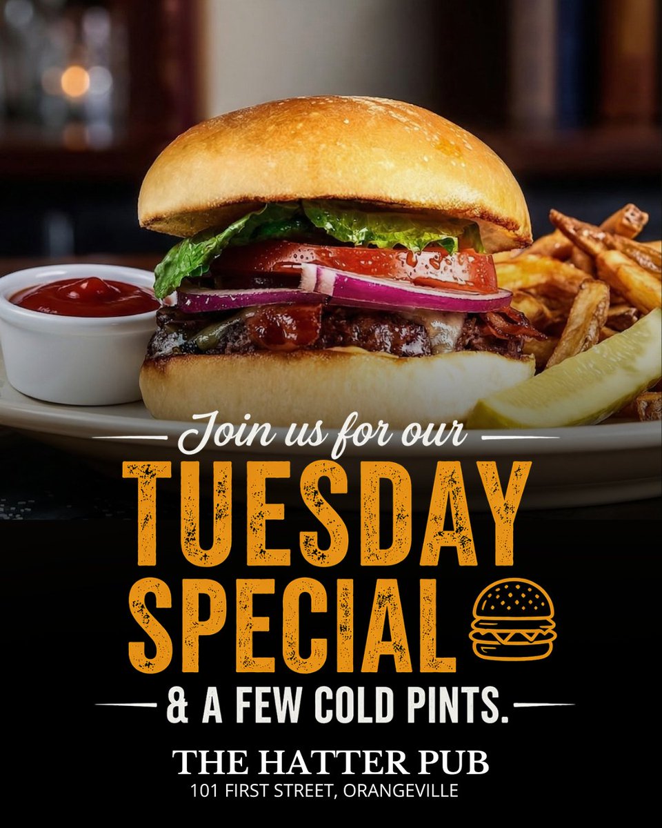 Hatterpub's tweet photo. Join us for our Tuesday Special 🍔 and a few cold pints.

HATTER BURGER - An 8 oz ground chuck patty topped with crispy bacon, rich cheddar and a spicy chipotle aioli. https://t.co/wB3AR89hDQ  

#BurgerTuesday #ComfortFood #Orangeville #HatterPub https://t.co/i6SryvhBVt