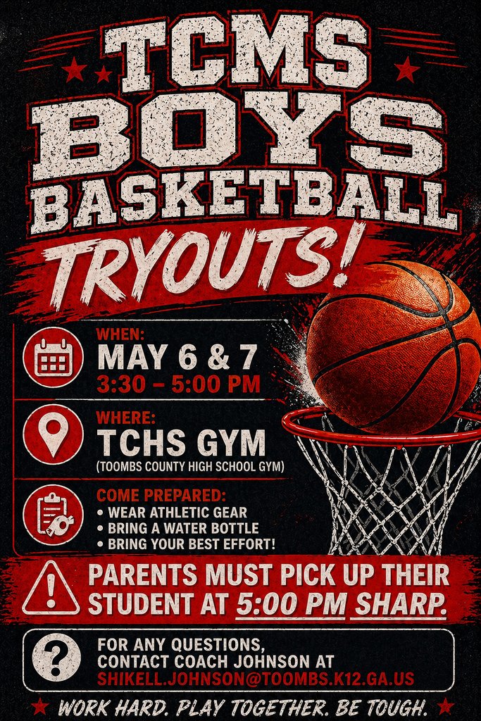 ToombsMiddle's tweet photo. 🏀TCMS Boys Basketball Tryouts🏀
📅May 6 &amp; 7 @ 3:30-5:00
📍Toombs Co. High School Gym https://t.co/dXCNFfxPM2