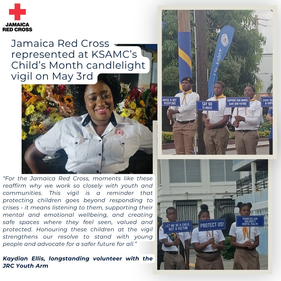 Jamaicaredcross's tweet image. The Jamaica Red Cross joined the KSAMC Candlelight Vigil on May 3 at the Secret Garden Monument, honouring children lost and reaffirming our shared duty to protect them by listening, supporting wellbeing, and creating safe spaces. #ChildMonth #ProtectOurChildren #JamaicaRedCross