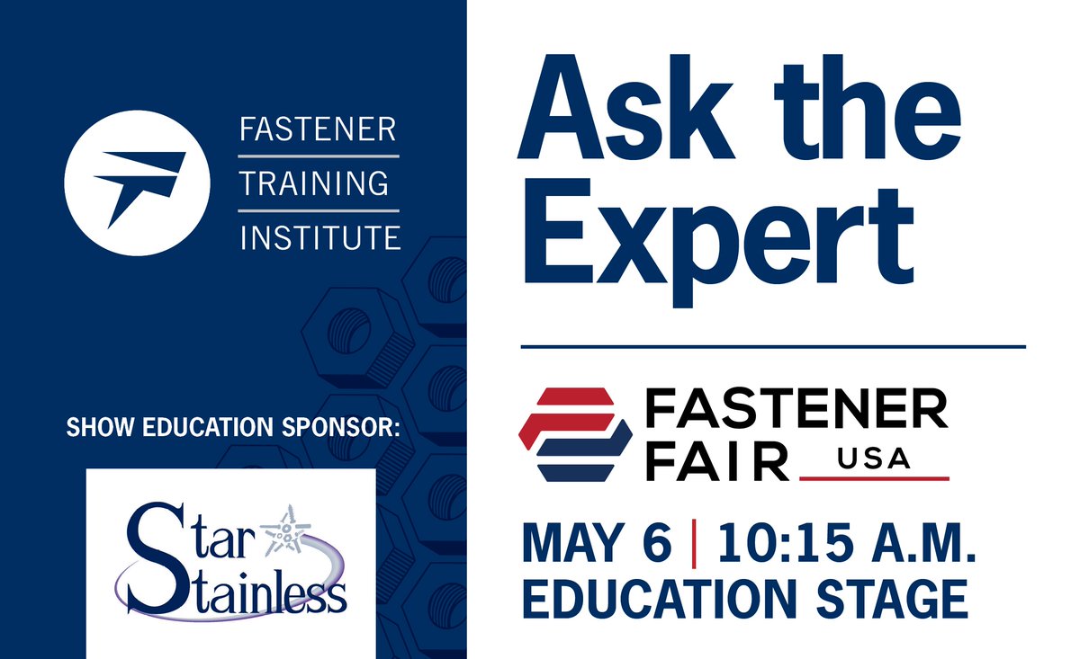 FastenerSchool's tweet photo. Ask the Expert at Fastener Fair USA. Bring your questions to the education stage this Wednesday, May 6, at 10:15 a.m. and learn from industry expert, Carmen Vertullo. 

Learn more ➡️ https://t.co/9DYfg4DoxW https://t.co/cWYTKL4hHa
