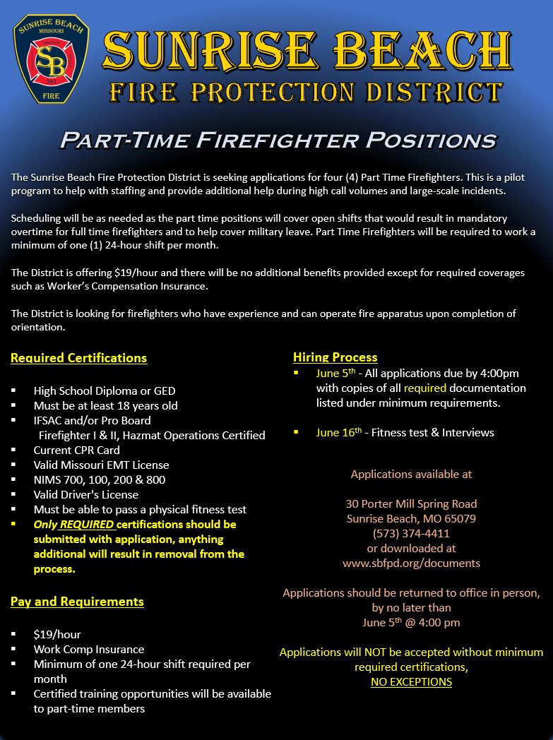 SBFPD's tweet photo. SBFPD is seeking applicants for four part time firefighter positions. See flyer for details. https://t.co/cZzcCs4SdD