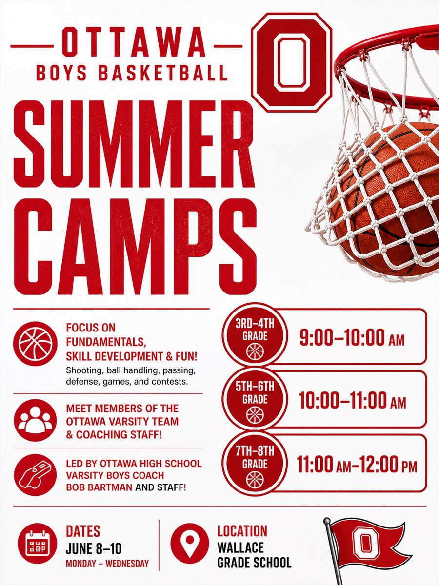 OTHS_Basketball's tweet photo. 🏀 Ottawa City Rec. Boys Basketball Summer Camps 🏀

📍 Location Update:
Due to construction at Ottawa High School, camp will be held at Wallace Grade School.

🔗 Sign up here: https://t.co/5kDqzefuzv

Follow Ottawa Basketball for more updates.

#PirateNation https://t.co/YPKurroGOe