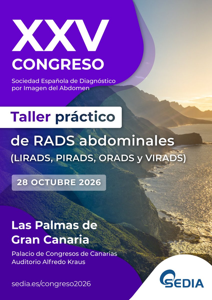 sediabdomen's tweet photo. 🚨Ya está abierto el formulario de comunicaciones y de inscripción para el congreso SEDIA 2026. 

🔗 https://t.co/aOQDowFvYs 

🏝️ ¡No os lo podéis perder! 
Este año nos vamos a Las Palmas de Gran Canaria, haciendo hincapié en el estadiaje del cáncer abdominal. https://t.co/QHokhdJer7