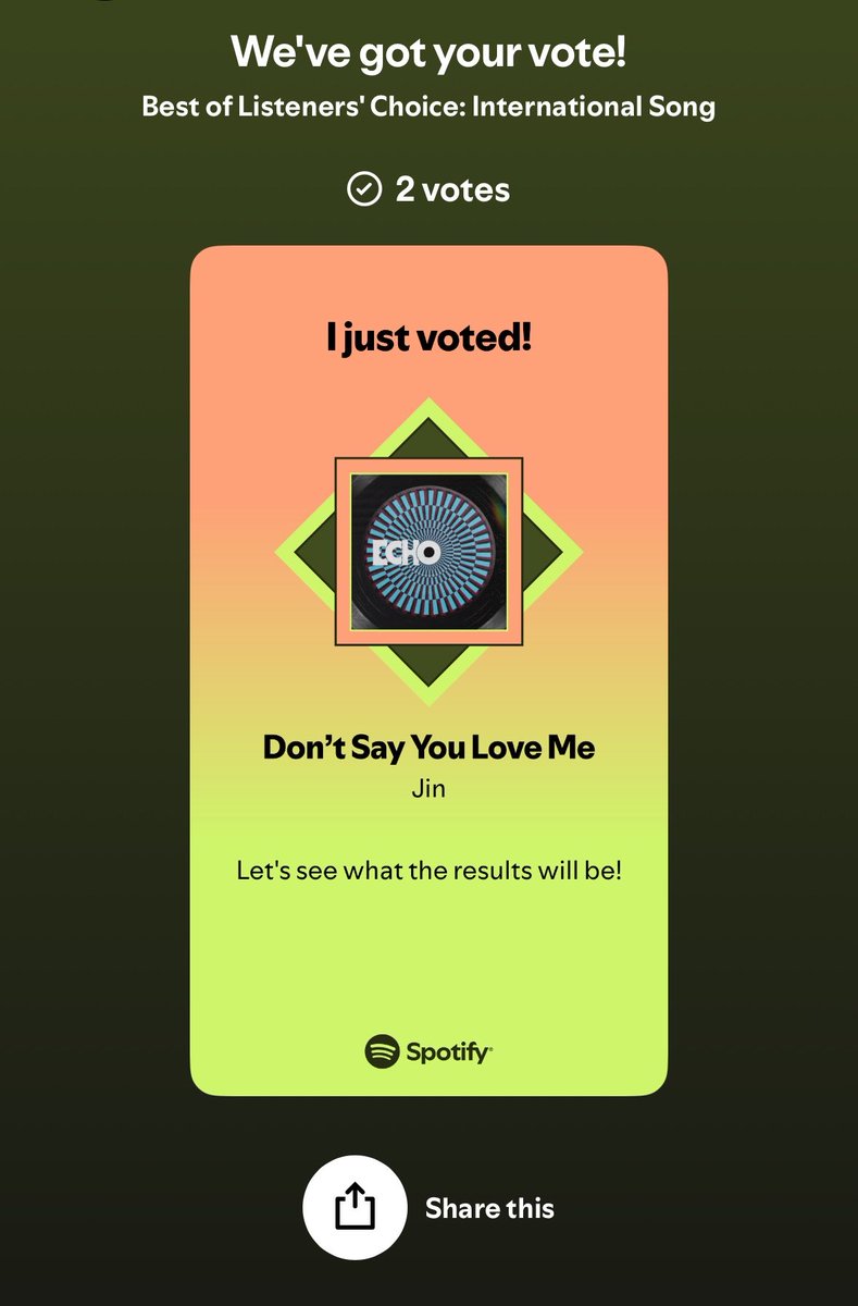hourjinnie's tweet photo. [VOTING: SPOTIFY]

🗳️ Music Awards Japan 2026 | Best of Listeners Choice: International Song Powered By Spotify 

VOTE FOR “DON’T SAY YOU LOVE ME”
 🗓️ ENDS May 20
🔗 https://t.co/2umHHv6yX0

#방탄소년단진 #진 #BTSJIN #JIN https://t.co/SUyT4SGTZ2