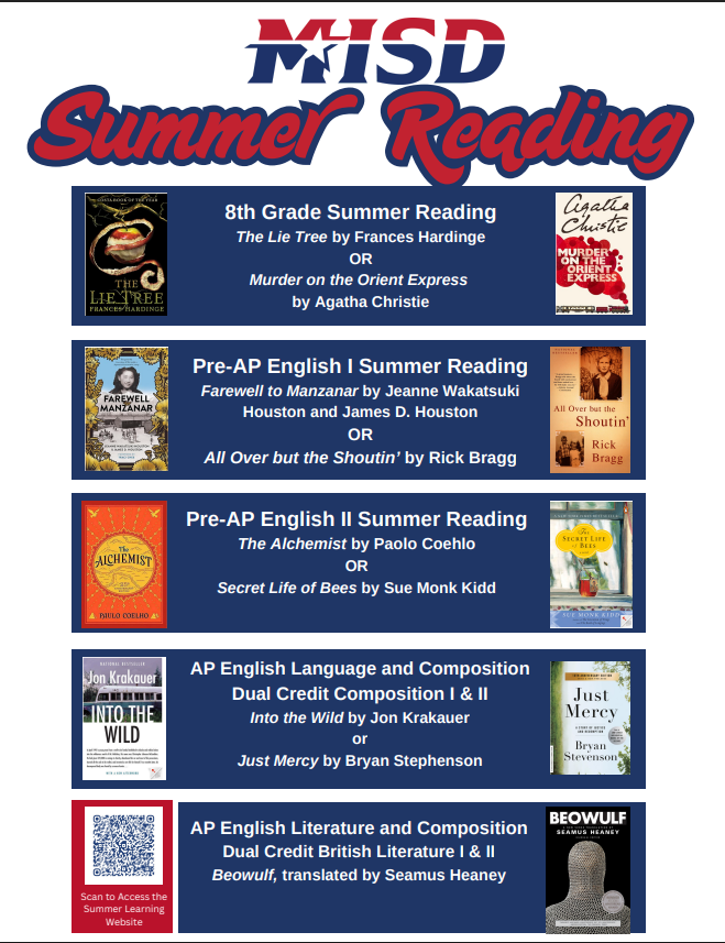 MISDELAR's tweet photo. MISD Summer Reading is here for our Honors, Pre-AP, and AP students!
Families, support your student in building strong reading habits and preparing for a successful start to the year.
Get started today! 📚 https://t.co/yYZRue2t9v