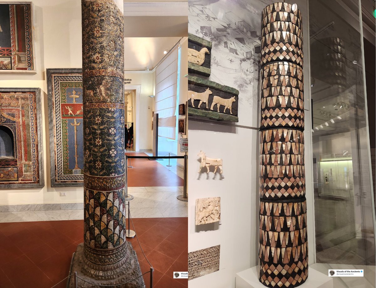The mosaic column on the left adorned a villa in Pompeii 2,000 years ago. But 2,400 years before that, the column on the left adorned a Sumerian temple. 

Let's take a quick look at this 🧵 of 📸.