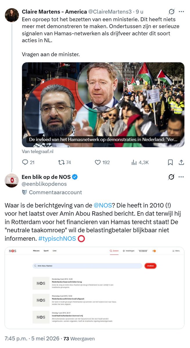 eenblikopdenos's tweet photo. Naar aanleiding van een artikel van De Telegraaf stelt @ClaireMartens3 (VVD) Kamervragen. Het krantenartikel gaat onder meer over Amin Abou #Rashed, die in Rotterdam terecht staat voor terreurfinanciering. Wat zal "Abou Eenarm" blij zijn met de @NOS, want die doet: 🙈🙉🙊 1/2 https://t.co/Oqxy98M7O2