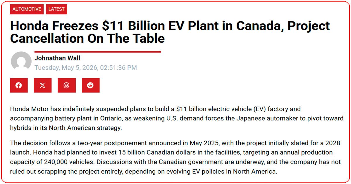 canadaincrisis's tweet image. Huge blow for Ontario: Honda indefinitely shelves $ 11B EV plant. After all the government hype and funding… reality is hitting the EV transition hard.
#ontariopcs #ontario #onpoli #dougford