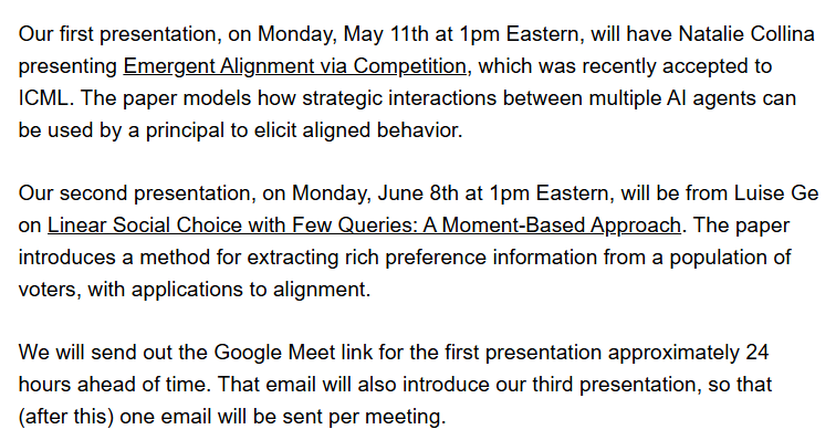 undo_hubris's tweet photo. Our discussion group meets monthly to discuss new research that ties together incentive theory and AI alignment. You can sign up for the mailing list at https://t.co/WieP7DRnCH, and suggest presenters (including yourself!) by emailing contact@principledagents.org. (3/3) https://t.co/XqWAZpXKHy