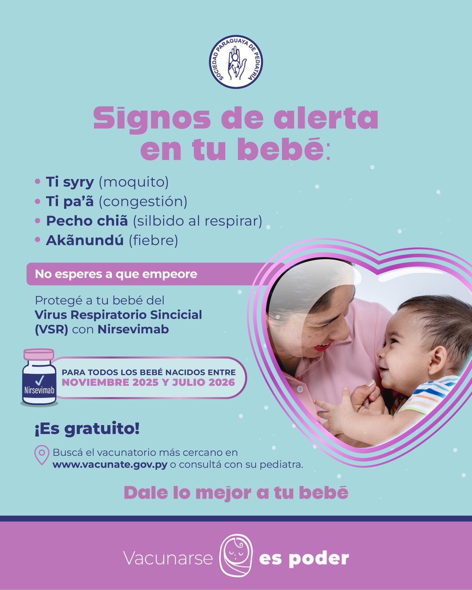 pediatriaspp's tweet photo. Los primeros síntomas pueden parecer leves, pero en bebés pueden avanzar rápido ⚠️👶
Hoy podés protegerlo con #Nirsevimab 💜
✔ Gratis y disponible en todo el país 🇵🇾
👉 Consultá con su pediatra o acercate al vacunatorio
🌐 https://t.co/KSAPmjFeBw
#VacunarseEsPoder https://t.co/X1hyYDUb8u