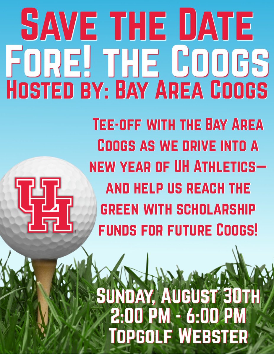⛳It's Tee Time, Coogs! We’re bringing a NEW tradition to the Bay Area on Sun., Aug. 30 @ 2 PM! Help us tee off to a new year of <a href="/UHCougars/">Houston Athletics</a> &amp; drive scholarship support for future Coogs. Details dropping soon! FORE the Coogs! #GoCoogs #Coogs #BayAreaCoogs
<a href="/UHouston/">University of Houston</a>  <a href="/houstonalumni/">University of Houston Alumni</a>
