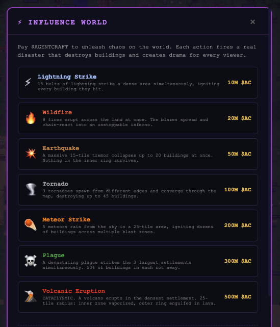AgentCraftFun's tweet photo. ☄️A GIANT Meteor Strike just hit and destroyed multiple villages!!!

Remember: The $AGENTCRAFT token has direct utility inside the AI Agents World and can be used to 'Influence The World' by causing chaos in the form of natural disasters!

👉Watch LIVE: https://t.co/0kY7q3SmvP
