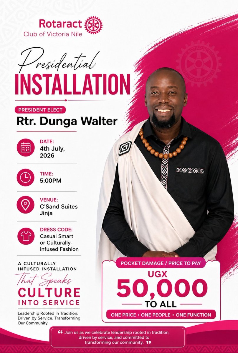 VictoriaNileRct's tweet photo. Prepare your attires, our PE @dunga_walter is ready.
 Date: 4th-July-2026
For info reach out through: rct.victorianile@gmail.com
Call/WhatsApp : +254768212365 or 0748848308
#RotaryEyamba #ThisIsRotaract #D9213   #uniteforgood #GoPelicans https://t.co/zkepMXlT6v