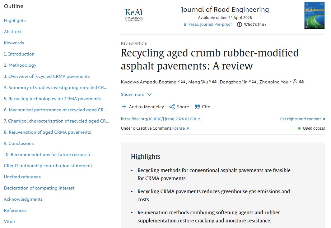 Thrilled to share our new review paper: “Recycling Aged Crumb Rubber‑Modified Asphalt Pavements.” 

Key insights: 
• Recycling methods work with proper mix design•
• Projects across the U.S. &amp; Australia show strong feasibility.

Get it via this link

sciencedirect.com/science/articl…