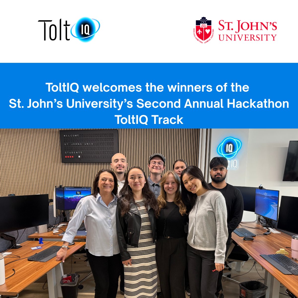 tolt_iq's tweet photo. Today we welcomed the winners of the St. John's University Second Annual Hackathon, ToltIQ track. 

These young technologists demonstrated creativity in developing innovative approaches for leveraging AI within PowerPoint as they solved real-world problems through applied solutions. 

They had a private meeting with our CEO Ed Brandman and met with members of our engineering and research teams. Great day for everyone!