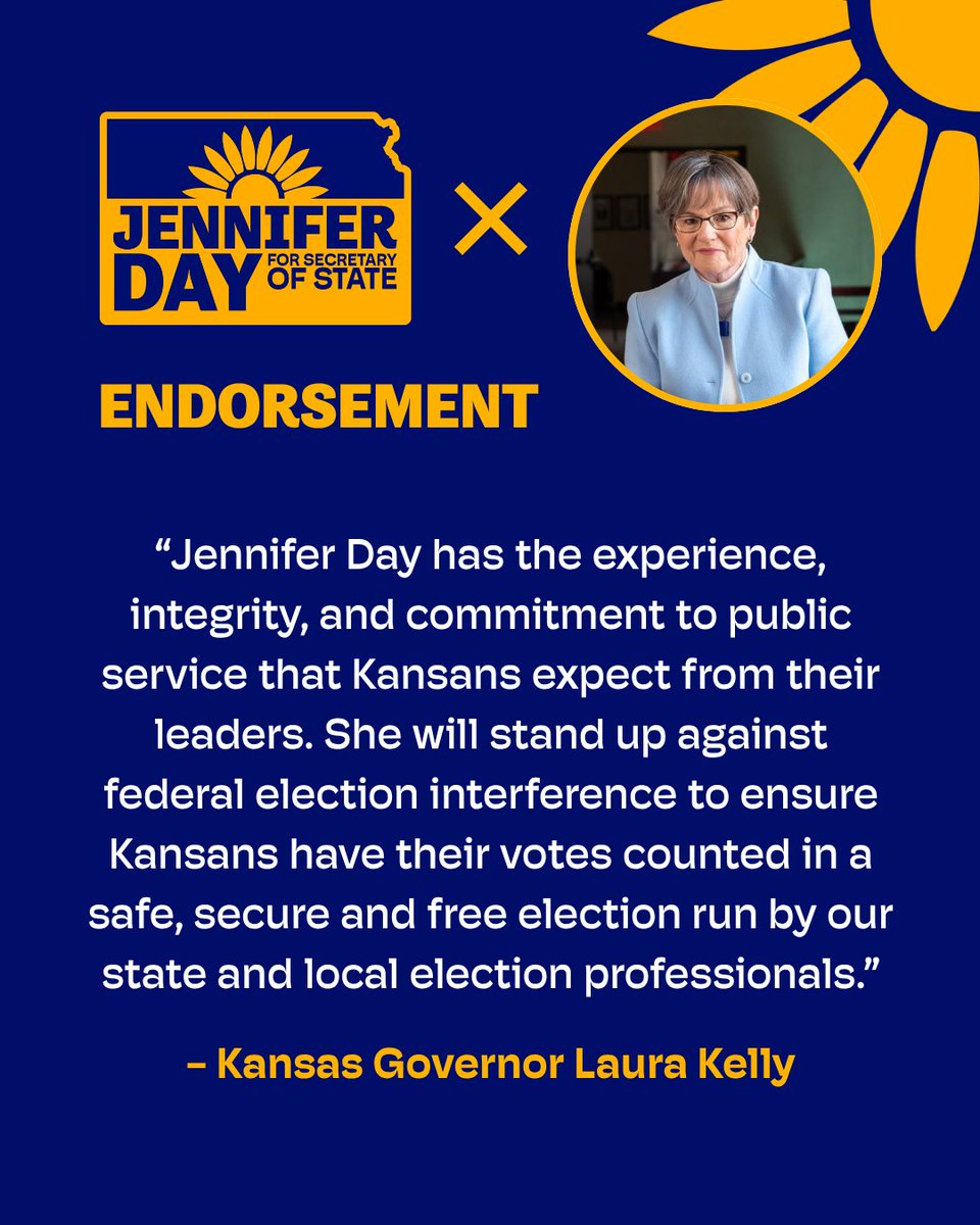 ElectJenDay's tweet photo. I’m so honored to announce Governor Laura Kelly has endorsed my campaign for Secretary of State! Her leadership has always put Kansans first, and I share her commitment to protecting our democracy and making government work better for everyone. https://t.co/1e3w42m0h0