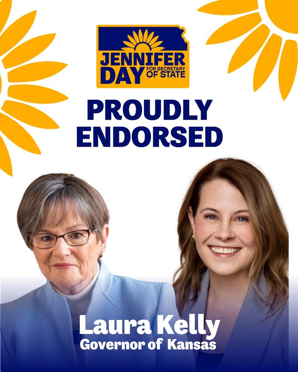 ElectJenDay's tweet photo. I’m so honored to announce Governor Laura Kelly has endorsed my campaign for Secretary of State! Her leadership has always put Kansans first, and I share her commitment to protecting our democracy and making government work better for everyone. https://t.co/1e3w42m0h0