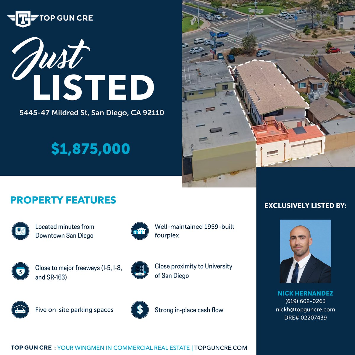 Just Listed | USD-adjacent Value Add 4plex with ADU Potential
5445-47 Mildred St, a charming and well-maintained 1959-built fourplex situated directly across the street from the main entrance of the University of San Diego.

TopGunCRE.com
