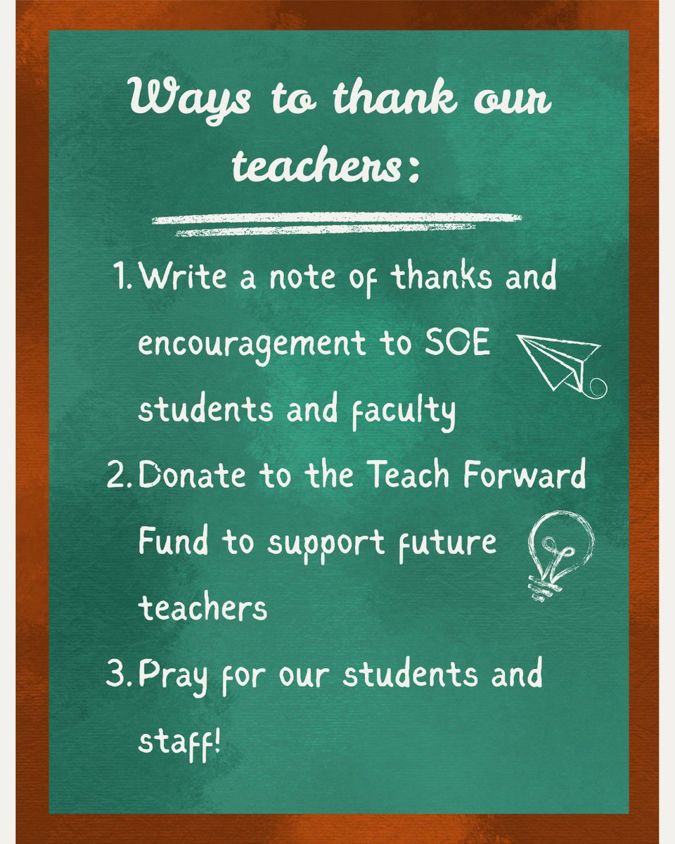 BaylorSOE's tweet photo. Happy Teacher Appreciation Day! Thank a teacher for their dedication and expertise! Maybe give them a cookie or a coffee gift card!
.
(If you want to help Baylor future teachers w/ testing costs or enhanced learning, support the TeachForward fund: https://t.co/FwgxyA6rDs) https://t.co/fvBhAVACyq